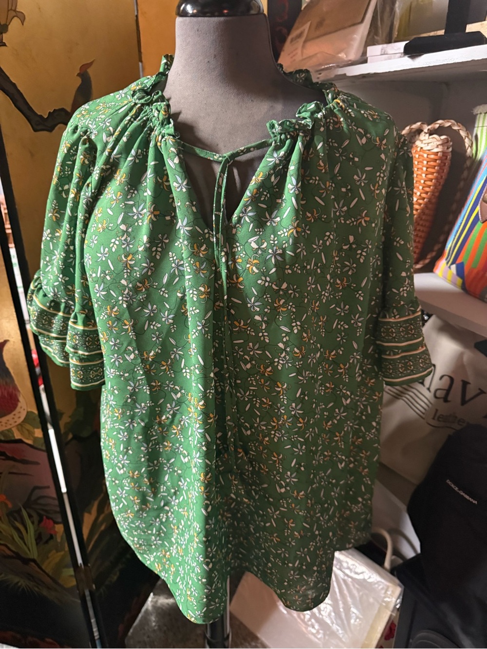 Max Studio Emerald Green Floral Tie-Neck Peasant Top